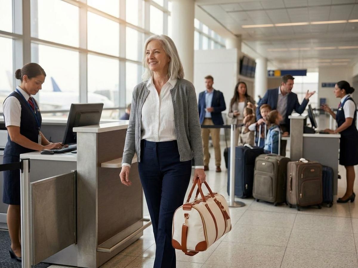 An older woman walking confidently past the gate with the Luhxe bag