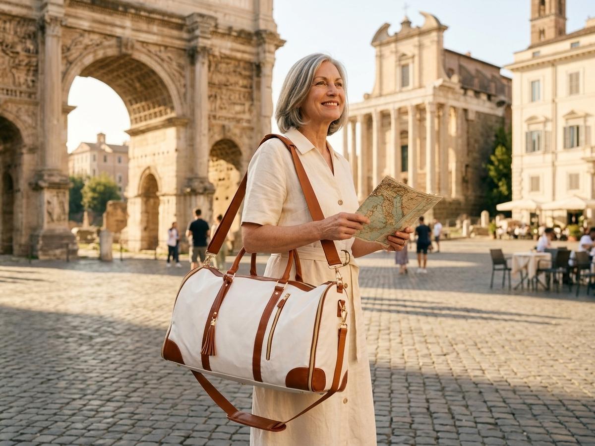 An older woman traveling confidently through the airport with the Luhxe bag